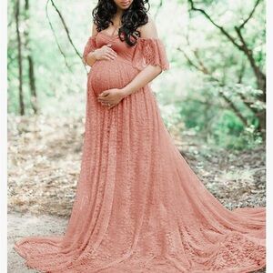 Elegant Lace Maternity Dress in Dusty Rose Pink